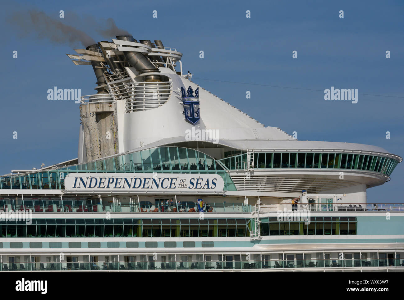 Independence of the Seas a Freedom-class cruise ship operated by The Royal Caribbean cruise line leaving Southampton, Hampshire, England, UK Stock Photo