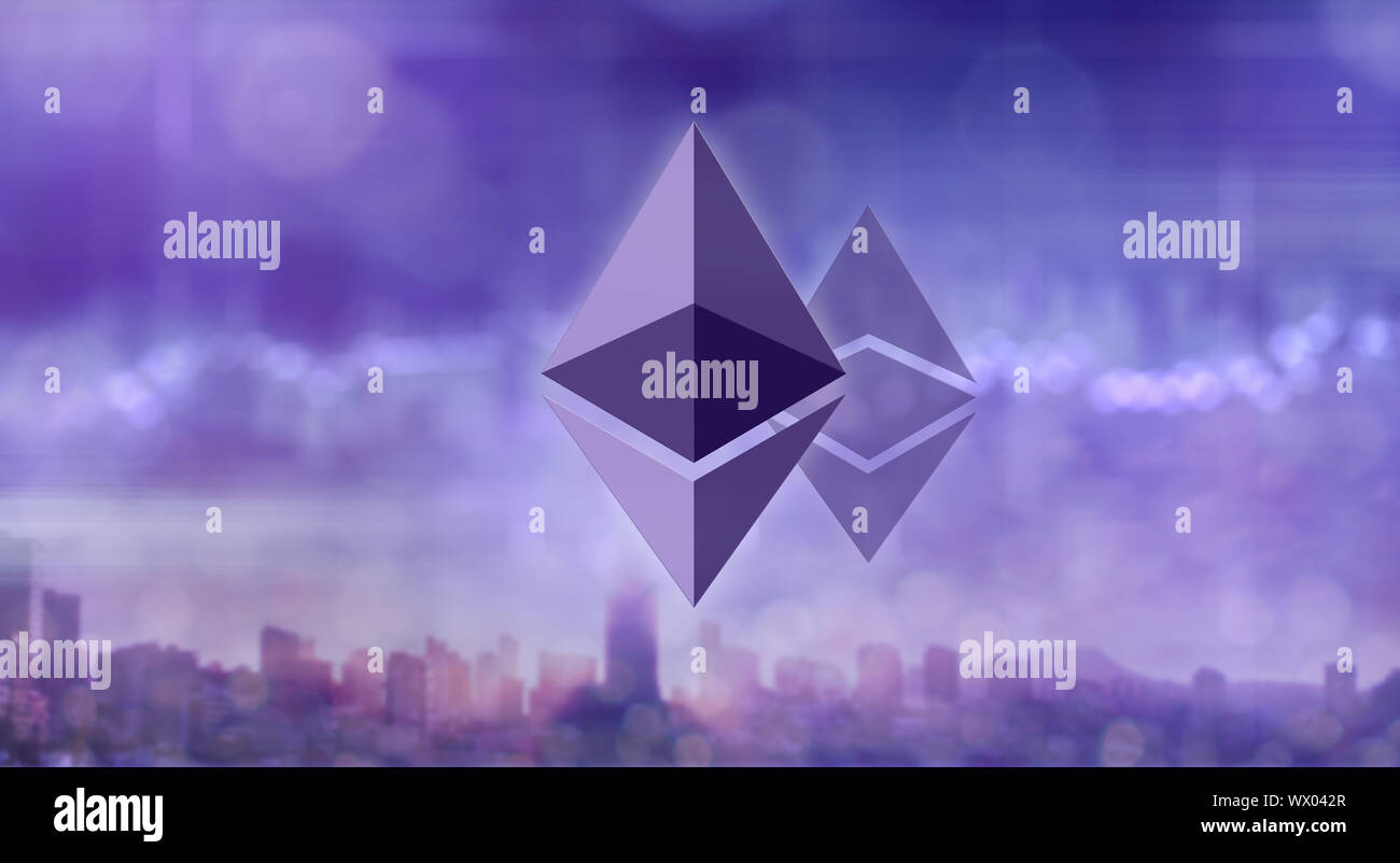 Ethereum and Ethereum classic icons on the blurred ultraviolet background of a modern city Stock Photo