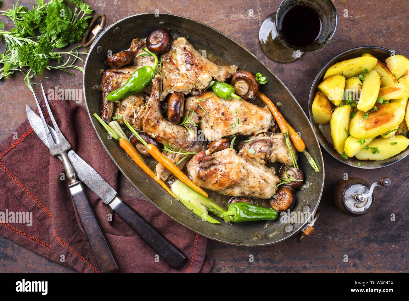 Cooked Rabbit Top View Rabbit with Vegetable and Mushrooms as top view in a Stewpot Stock ...