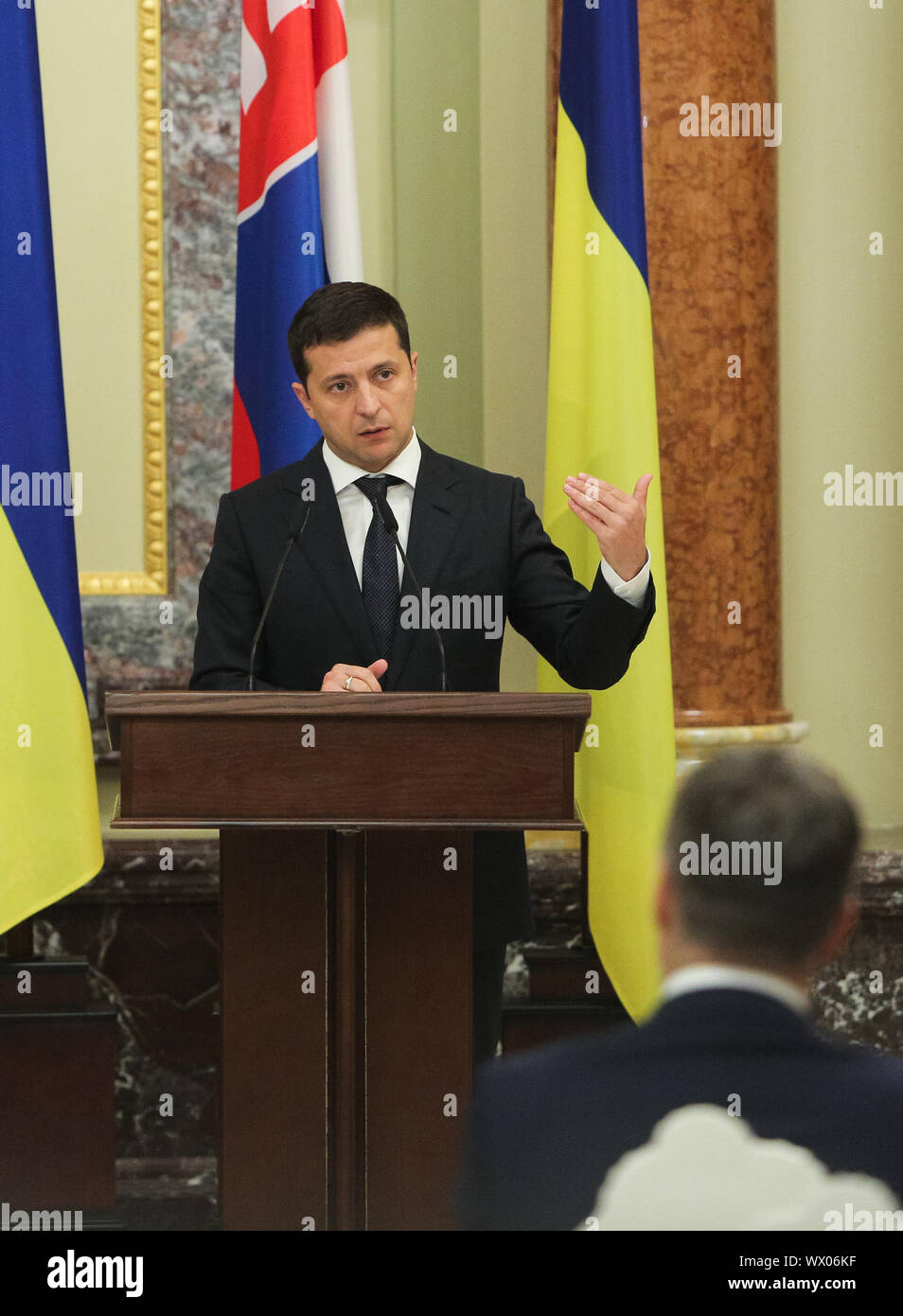 Kiev, Ukraine. 16th Sep, 2019. President of Ukraine Volodymyr Zelenskyy talks to media during the conference in Kiev, Ukraine, September 16, 2019. President of Ukraine Volodymyr Zelenskyy holds talks with President of the Slovak Republic Zuzana Chaputova as she officially visits Ukraine Credit: Sergii Kharchenko/ZUMA Wire/Alamy Live News Stock Photo