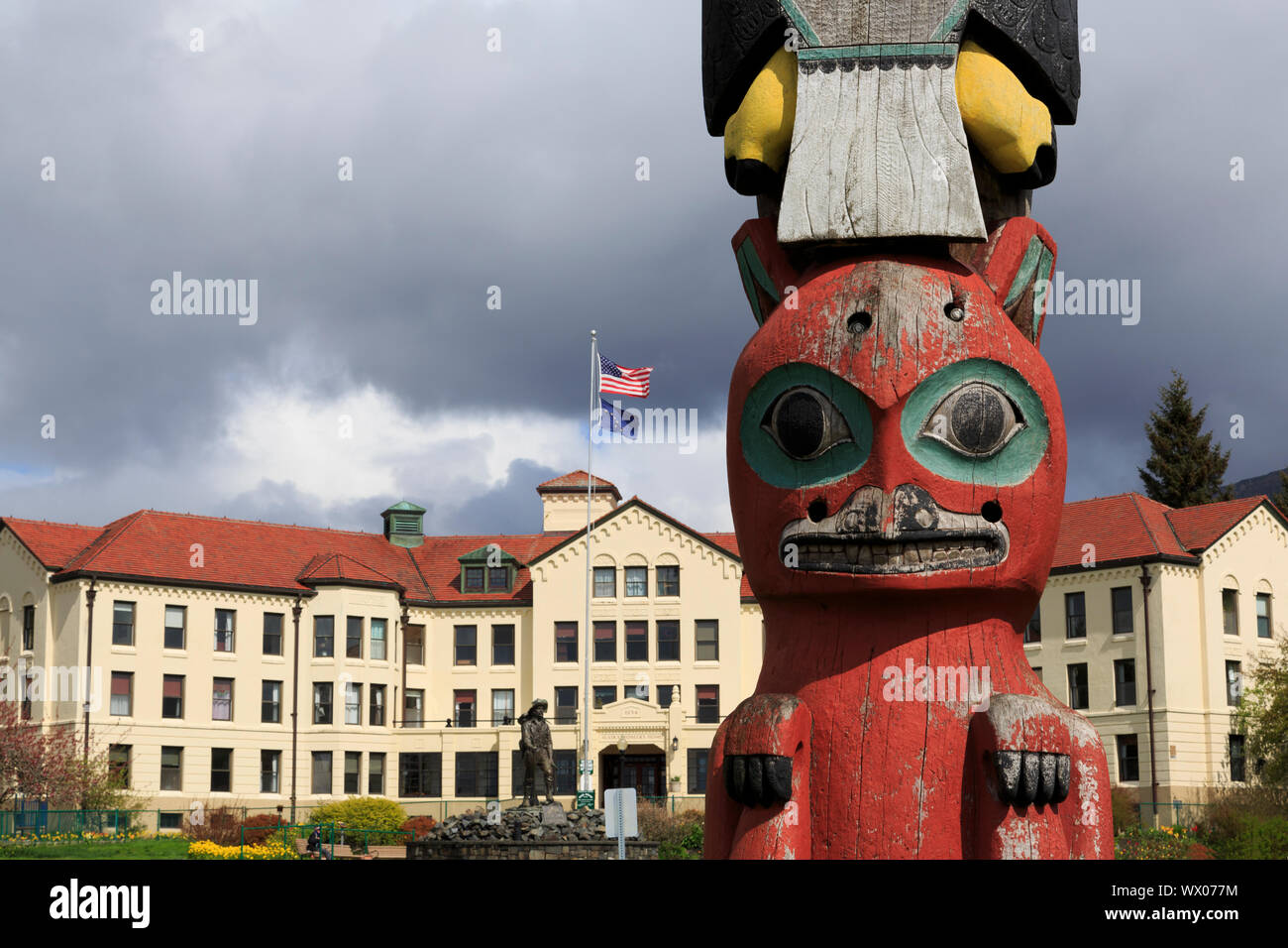 Baranov Totem Pole and Pioneer House, Sitka, Alaska, United States of America, North America Stock Photo