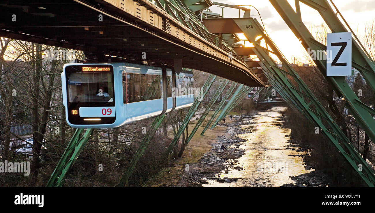 suspension railway WSW GTW Generation 15 over the river Wupper, Wuppertal, Germany, Europe Stock Photo