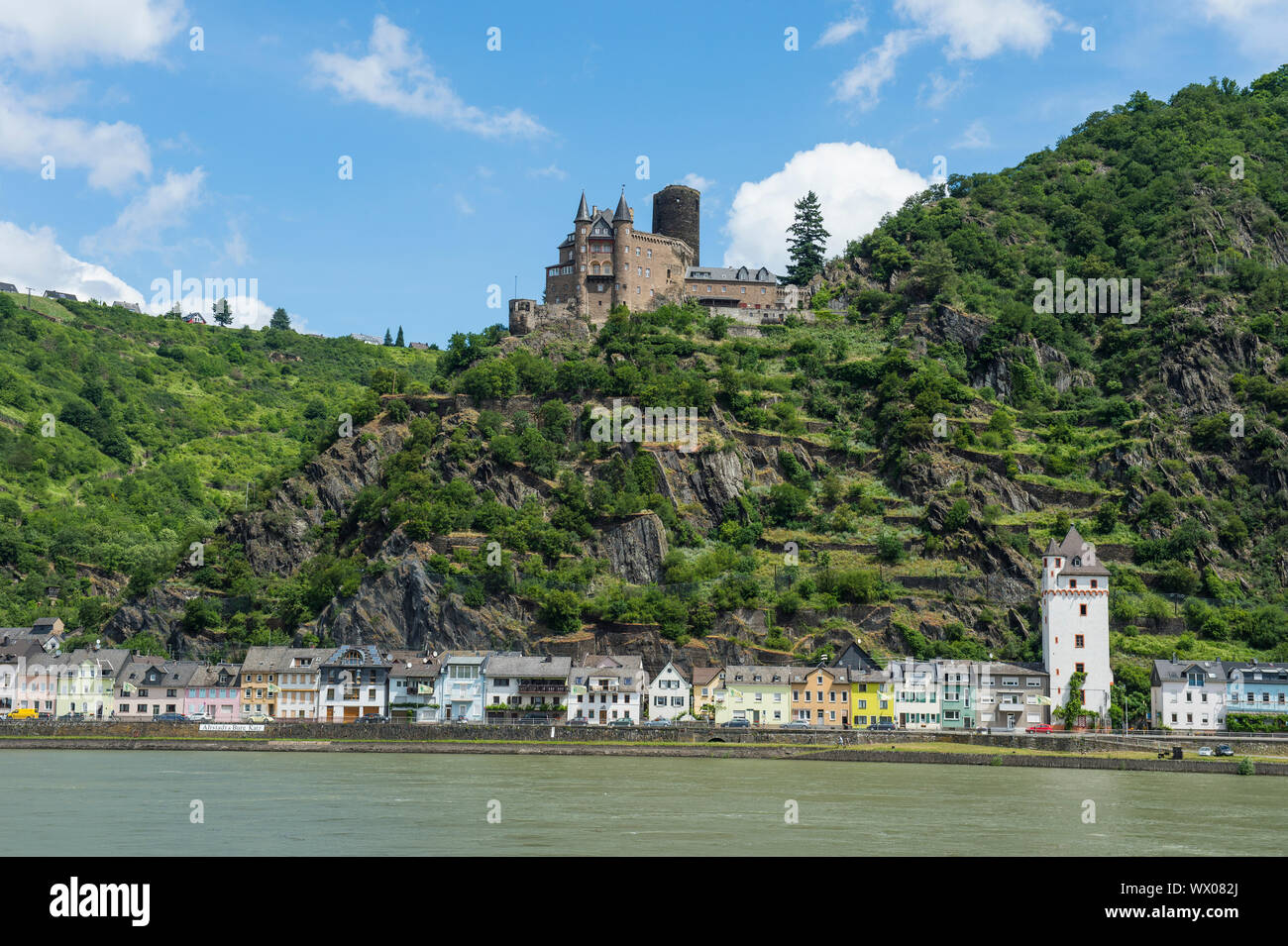 Castle Katz overlooking the Rhine and St. Goar, UNESCO World Heritage Site, Middle Rhine valley, Rhineland-Palatinate, Germany, Europe Stock Photo