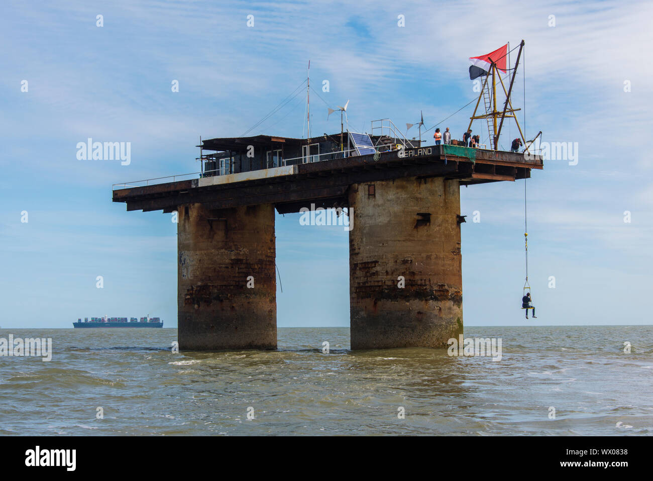 View of Roughs Tower, the former defense plattform, a Maunsell Sea Fort, now the Principality of Sealand, North Sea, Europe Stock Photo