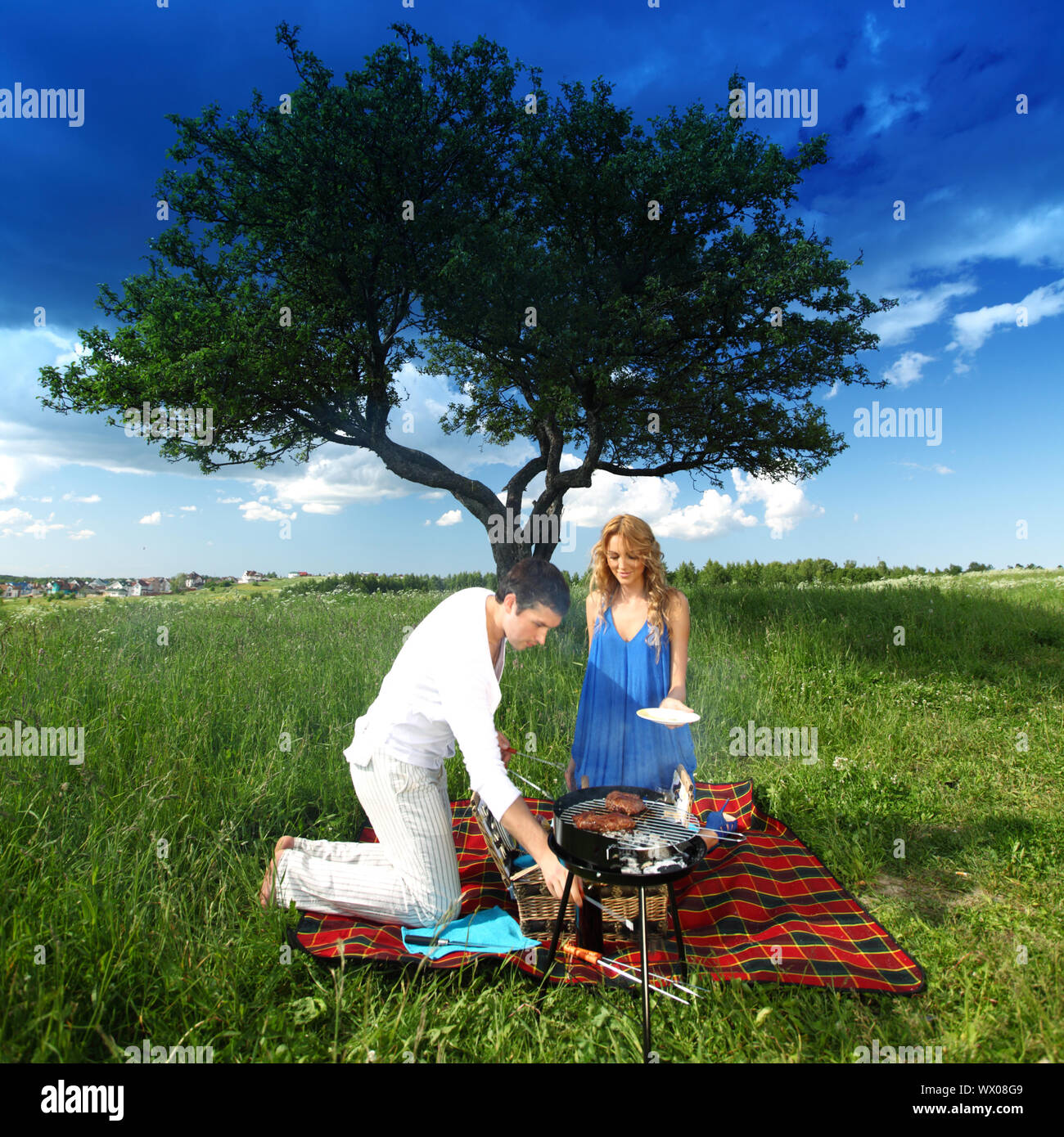 man and woman on picnic in green grass Stock Photo - Alamy