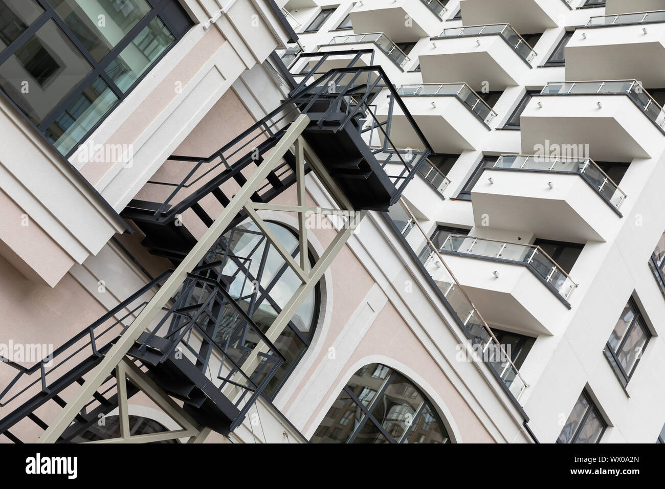 View of luxury apartment building exterior with fire escape close-up Stock ...