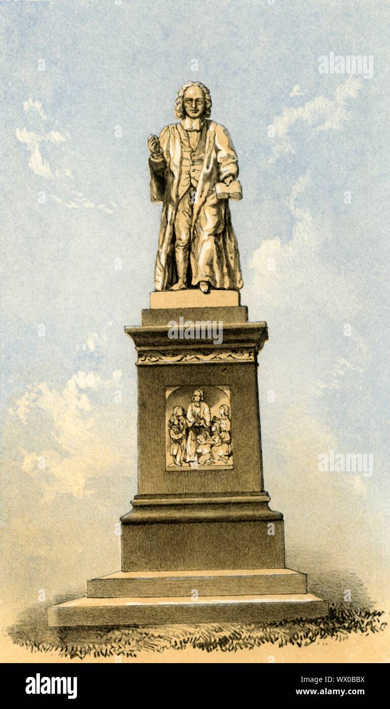 'Watts' Memorial', late 19th century. The Watts Memorial Statue, erected 17 July 1861, in Watts Park, Southampton, Hampshire, in memory of Isaac Watts (1674-1748), English Christian minister, hymn writer, theologian, and logician. The life-sized white marble statue, designed by Richard Cockle Lucas, is set on a plinth showing scenes from Watts' life. Watts, who was born in Southampton, is known as the composer of numerous hymns, many of which remain in use today and have been translated into numerous languages. Stock Photo