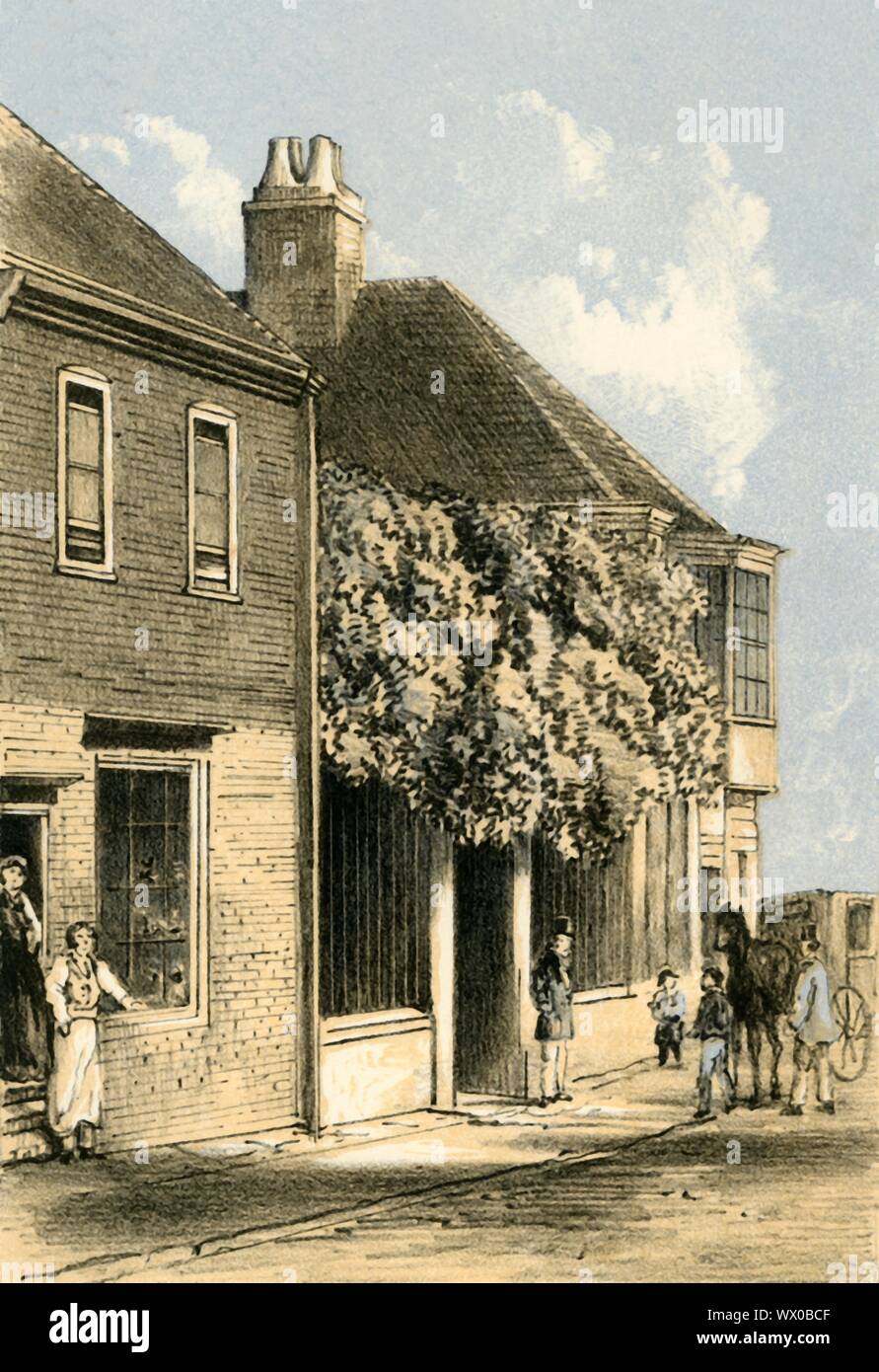 'Birth Place of Dr. Watts', c1861. View of French Street, Southampton, Hampshire, home of Isaac Watts (1674-1748), English Christian minister, hymn writer, theologian, and logician. The family home was at Hampton Court, a large house on the east side of French Street (since demolished). Hampton Court is often cited as Watts' birthplace, but it is more likely that he was born in Above Bar Street, the family moving to French Street soon after his birth. Watts is known as the composer of numerous hymns, many of which remain in use today and have been translated into numerous languages. Stock Photo