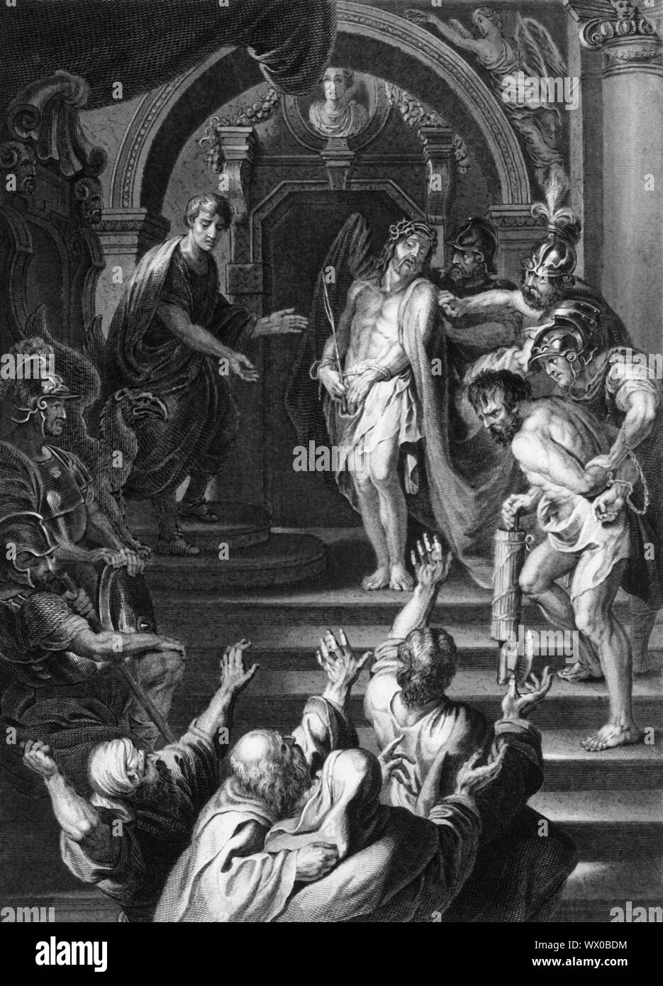 'They cried out, saying, Crucify him, crucify him', c1840. Biblical scene, from John 19: 6: 'When the chief priests therefore and officers saw him, they cried out, saying, Crucify him, crucify him. Pilate saith unto them, Take ye him, and crucify him: for I find no fault in him.' Jesus Christ is tried before Pontius Pilate, governor of the Roman province of Judaea, and is condemned to death. Engraving after an early 17th century painting by Rubens. Stock Photo