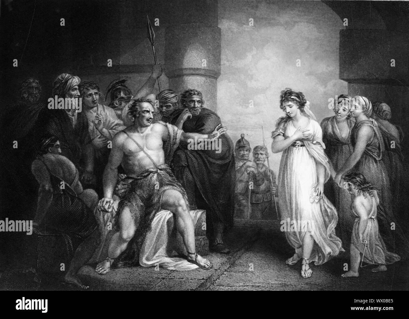 'The Philistines took him, and put out his eyes', mid 19th century. Biblical scene, from Judges 16: 21: 'But the Philistines took him, and put out his eyes, and brought him down to Gaza, and bound him with fetters of brass; and he did grind in the prison house'. Samson, having been weakened after Delilah cut off his strength-giving hair as he slept, is captured by the Philistines who blind him by gouging out his eyes. He is then put to work turning a large millstone and grinding grain in prison in Gaza. Here Delilah appears to express remorse for her cruel act. Samson's captors have brought hi Stock Photo