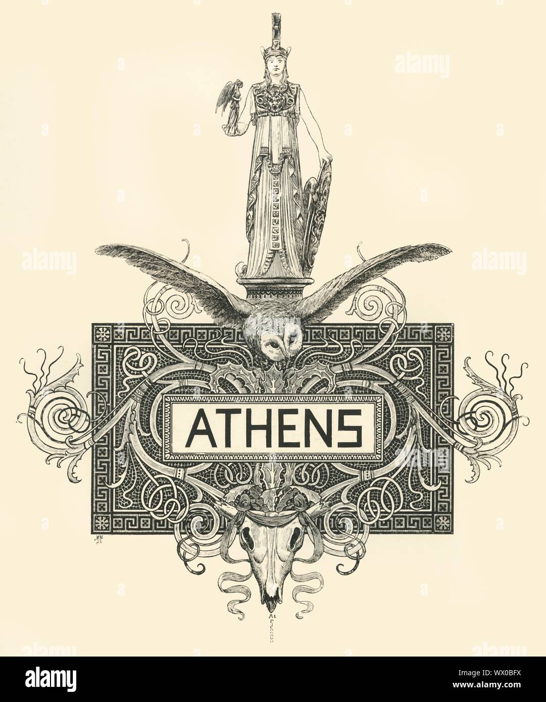 'Athens', late 19th-early 20th century. Decorative coat of arms for the city of Athens, capital of Greece. Above a panel bearing the Greek key pattern design is the owl which traditionally represents or accompanies the goddess Athena, here standing on a pedestal. Below is an animal skull embellished with acanthus leaves and strips of cloth. Stock Photo