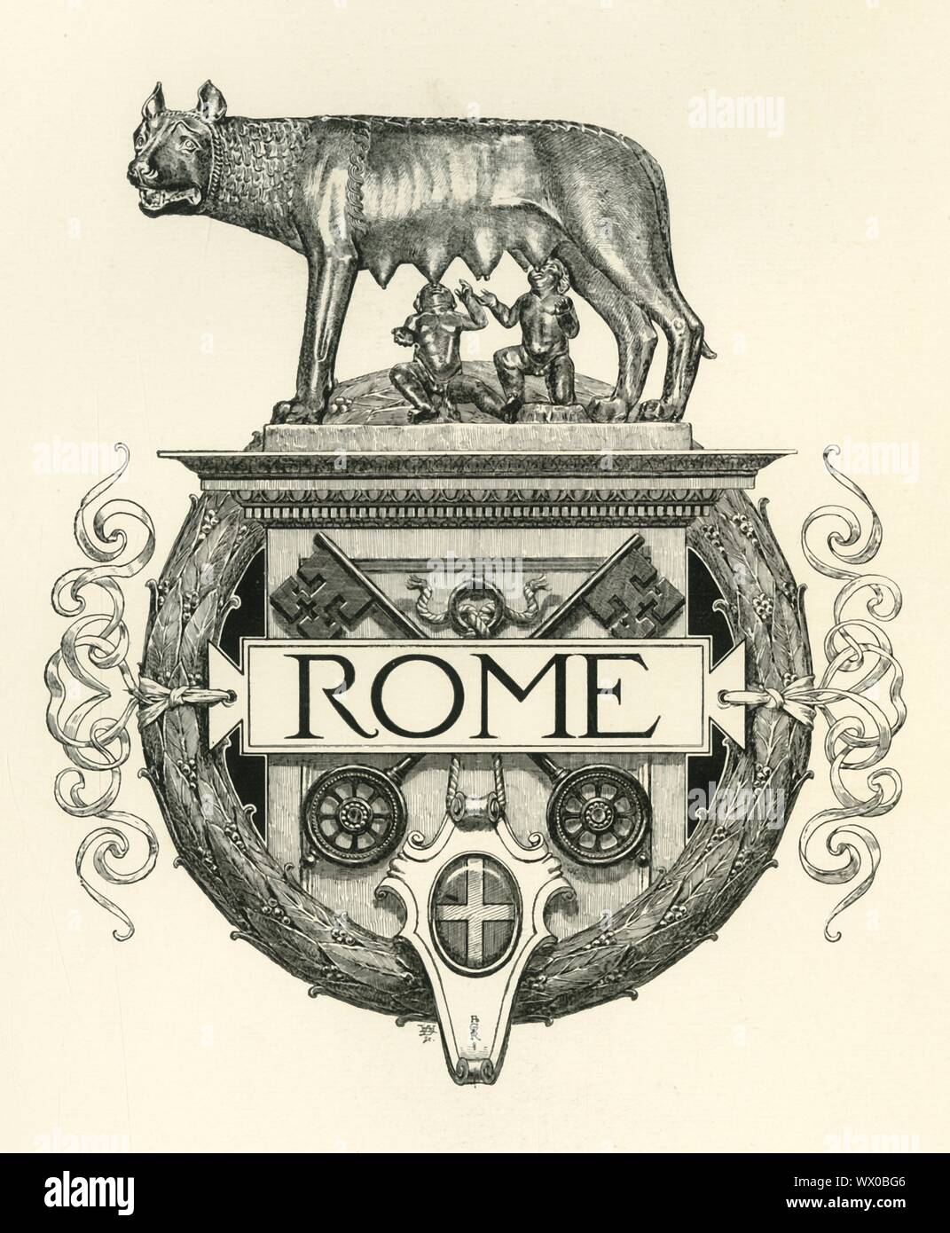 Rome', late 19th-early 20th century. Decorative coat of arms for the city  of Rome, capital of Italy . The two crossed keys represent the promise of  Christ to St Peter: 'I will