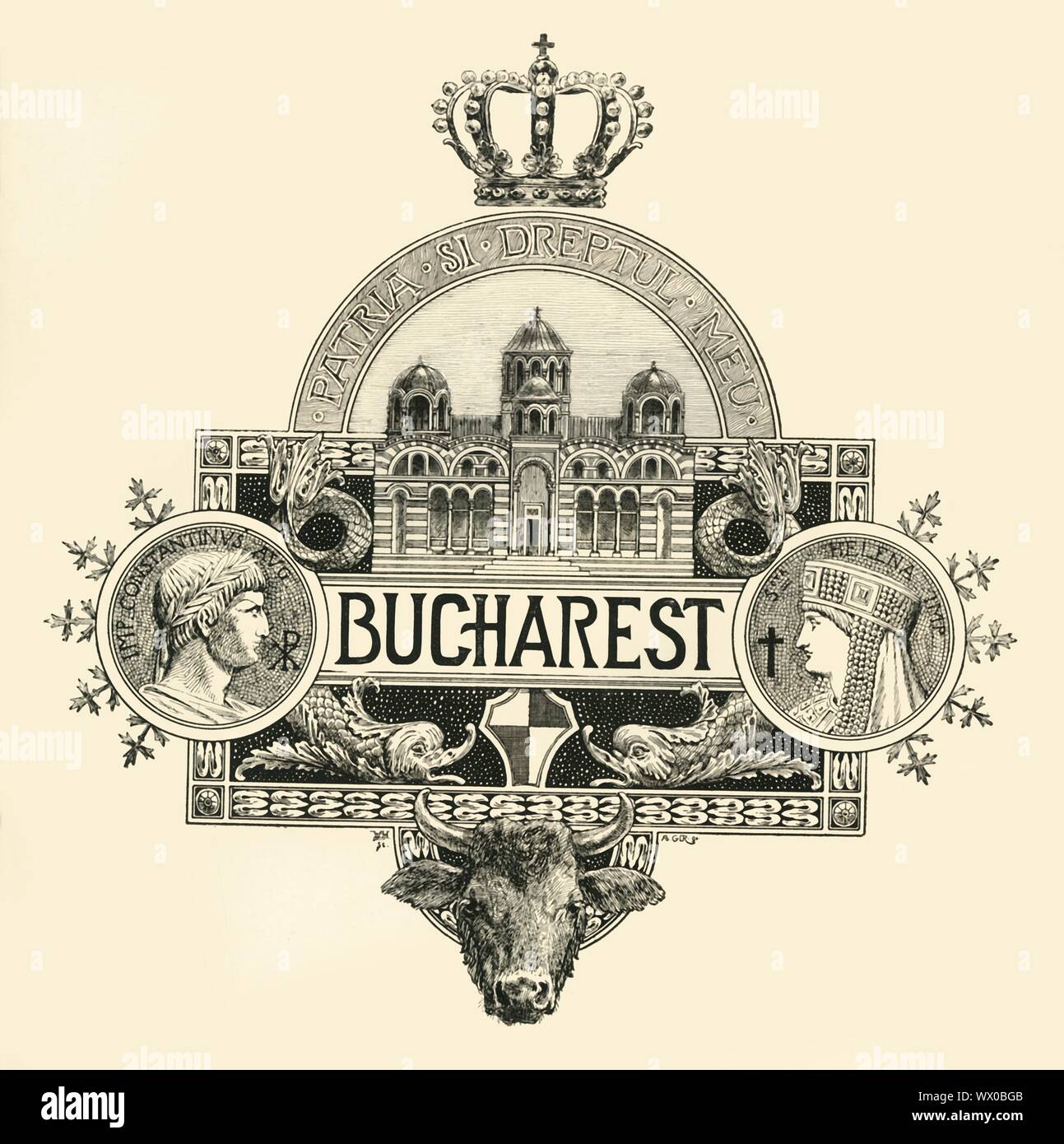 'Bucharest', late 19th-early 20th century. Decorative coat of arms for the city of Bucharest, capital of Romania, with the motto 'Patria Si Dreptul Meu', (The Homeland And My Right). Above is a pearl-encrusted crown, and below the motto is a Byzantine church, with dolphins flanking the central panel, and medallion portraits of Saints Constantine and Helena, the Roman emperor Constantine the Great (272-337 AD) and his mother Helena (c246-330 AD). At the bottom is a bull's head. Stock Photo