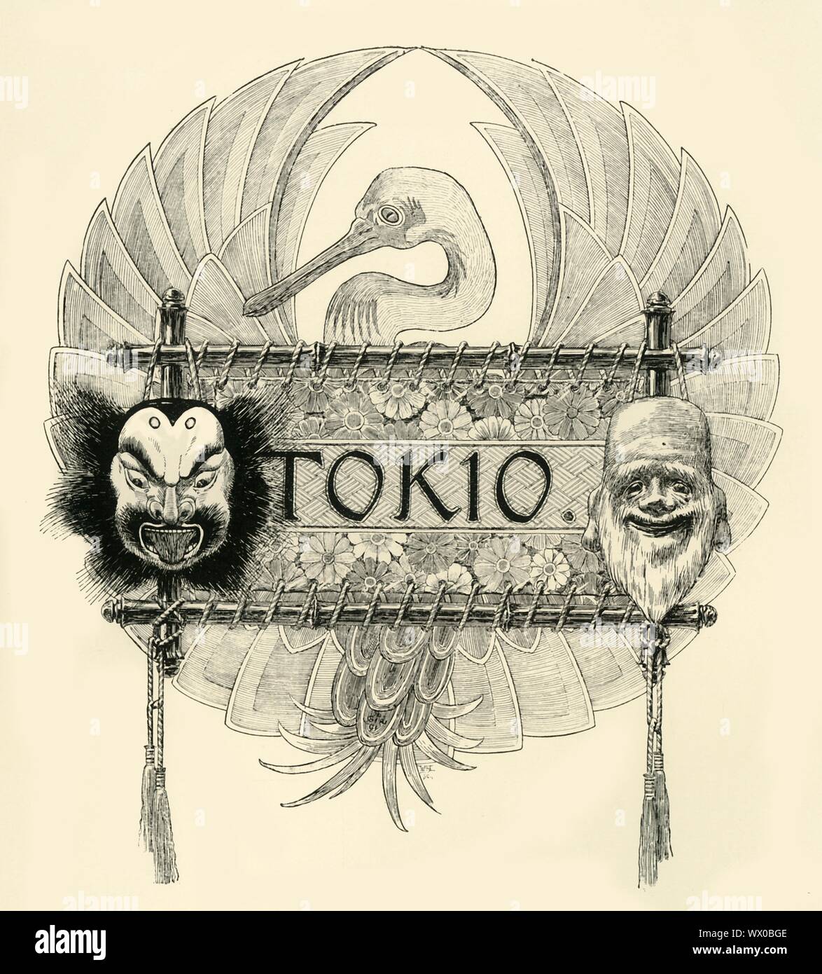 'Tokio', late 19th-early 20th century. Decorative illustration for the city of Tokyo, capital of Japan, with a stylised crane and theatrical masks. In Japanese culture, cranes symbolise good fortune and longevity. Stock Photo