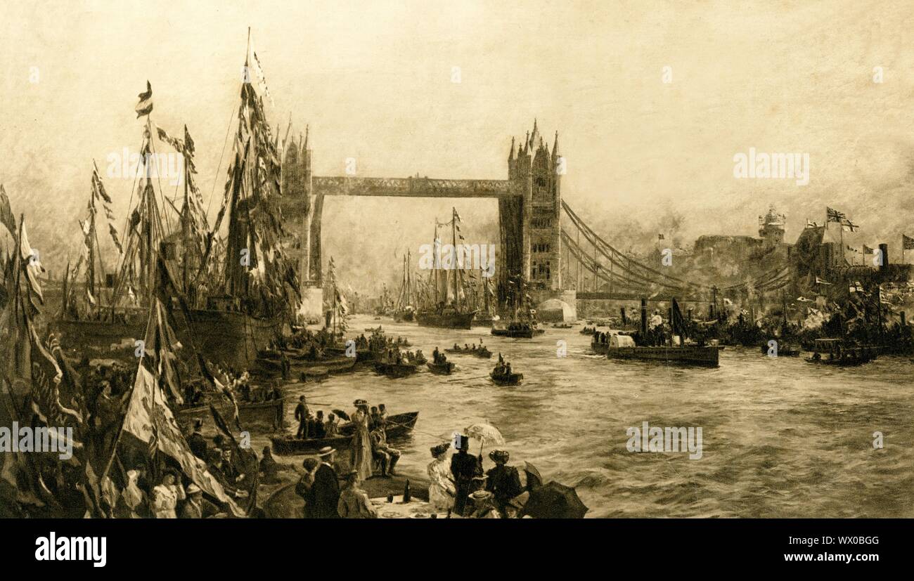 'The Opening Ceremony of the Tower Bridge', c1894. Tower Bridge over the River Thames in London was officially opened on 30 June 1894 by the then Prince of Wales (the future King Edward VII), and the Princess of Wales (Alexandra of Denmark). The procession of ships passing through included the Trinity House yacht 'Irene', the gunboat HMS 'Landrail', the 'Bismarck' and the 'Clacton Bell'. Construction of the bridge was begun in 1881 to designs by Sir Horace Jones - the central section could be raised to allow the passage of ships to and from the busy wharves of London. Stock Photo