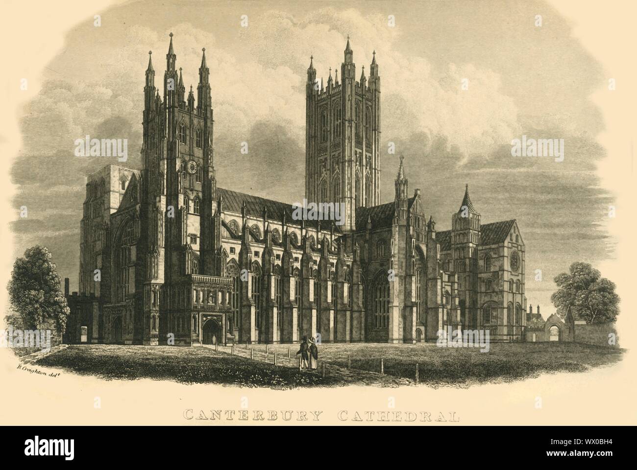 'Canterbury Cathedral', early-mid 19th century. View of the cathedral at Canterbury in Kent which was founded in 597 AD. It was largely rebuilt in Gothic style following a fire in 1174, with extensions to accommodate the flow of pilgrims visiting the shrine of Thomas Becket. Stock Photo