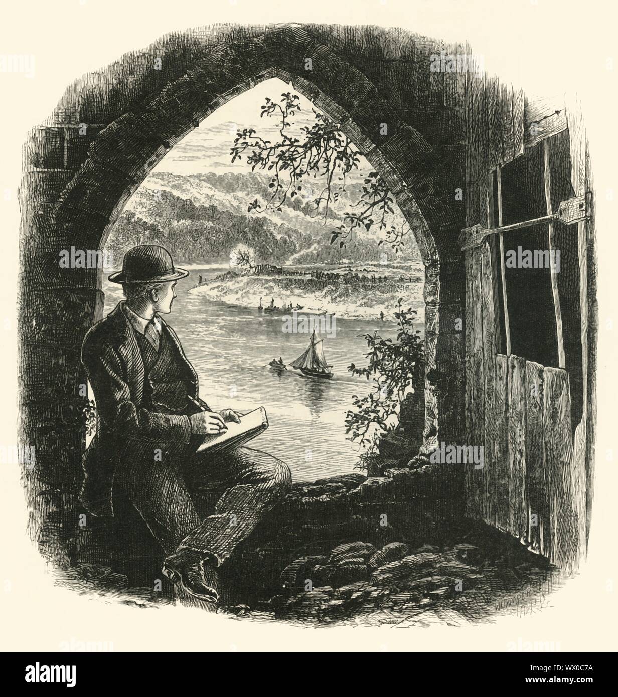 'The Wye, from Chepstow Castle, 1870s. A man sketching the River Wye in Monmouthshire, Wales. Chepstow Castle is the oldest surviving post-Roman stone fortification in Britain. From &quot;Picturesque Europe. A Delination by Pen &amp; Pencil of the Natural Features &amp; the Picturesque &amp; Historical Places of Great Britain &amp; the Continent.&quot;. [D. Appleton &amp; Co, New York, c1875-1878] Stock Photo