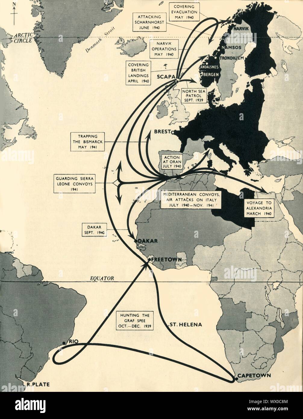 Map showing the movements of 'HMS Ark Royal', 1939-1941, (1942). Map of the Atlantic Ocean, western Europe and Africa, indicating journeys and principal engagements of the British Royal Navy aircraft carrier 'Ark Royal' during the Second World War: Hunting of the 'Graf Spee', October-December 1939; Guarding Sierra Leone Convoys, 1941; Trapping the 'Bismarck', May 1941; Covering British Landings, April 1940; Attacking 'Scharnhorst', June 1940; Covering Evacuation, May 1940; Narvik Operations, May 1940; North Sea Patrol, September 1939; Action at Oran, July 1940; Mediterranean Convoys, Air Attac Stock Photo