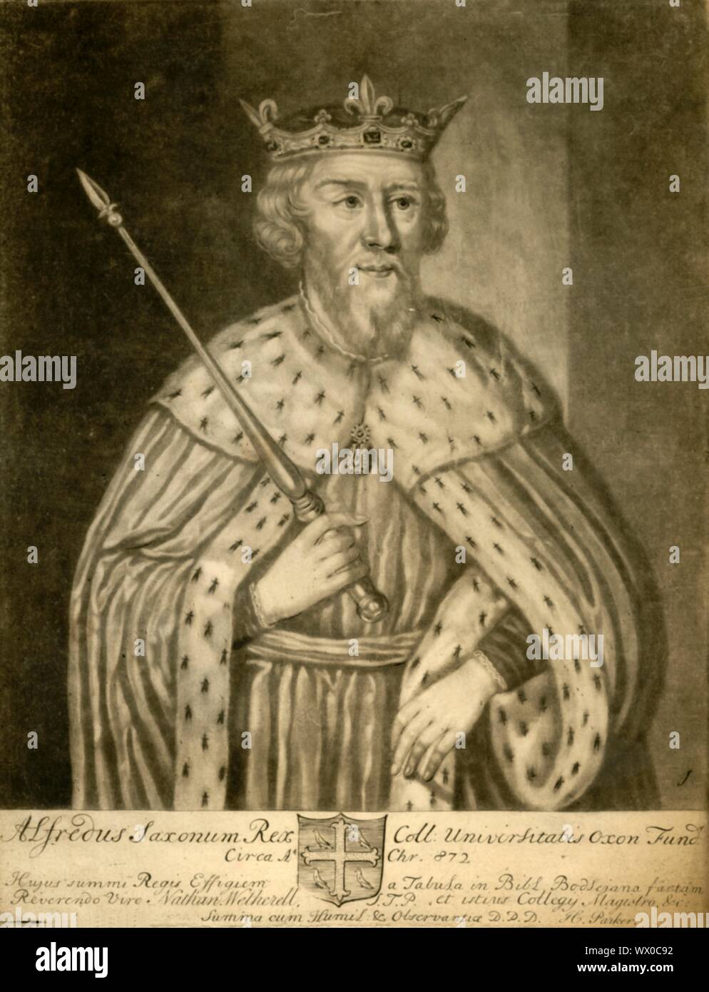 Alfred the Great, 1712. Portrait of Alfred wearing a crown and ermine robes, and holding a sceptre. King Alfred (849-899 AD) was King of Wessex from 871 to c886, and King of the Anglo-Saxons from c886 to 899. The text below refers to his founding of University College Oxford, but the college was actually founded by William of Durham, who died in 1249. After a painting in the Bodleian Gallery. [Henry Parker, London, 1712] Stock Photo
