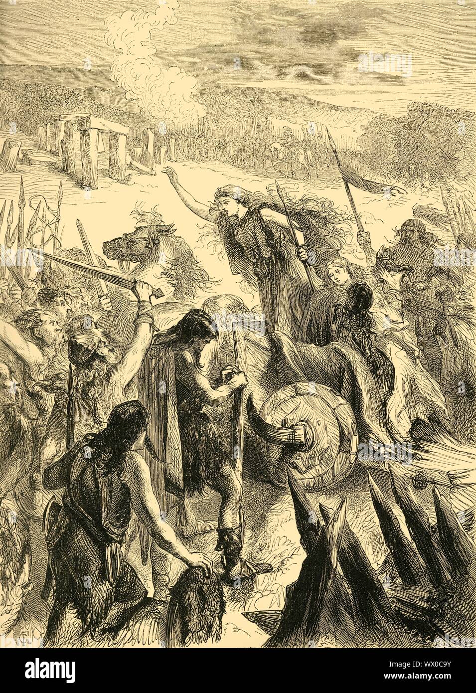 'Boadicea', mid-late 19th century. Boudicca encourages her warriors from a chariot with blades on the wheels. The Roman army is gathered near a stone circle in the distance. Boudicca (c25-62 AD), queen of the British Celtic Iceni tribe, led an uprising against the occupying forces of the Roman Empire in 60 or 61 AD. She died shortly after its failure, having supposedly poisoned herself. She is considered a British folk heroine. From &quot;Cassell's Illustrated History of England&quot;. [Cassell, Petter &amp; Galpin, 1873] Stock Photo