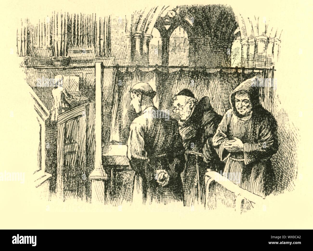 'They remained standing, rooted to the spot', (1907). The young Mozart sneaks into the organ loft in the monastery of Ips: '...the Franciscan monks...were startled at hearing the organ pealing forth from the chapel. One of the hosts left the table to ascertain who the player could be, and...beckoned the company to follow him. On reaching the chapel they paused to listen, holding their breath, as their companion pointed to the tiny figure of a child seated in the loft. Was it possible, they asked themselves, that a child could produce such beautiful music? They remained standing, rooted to the Stock Photo