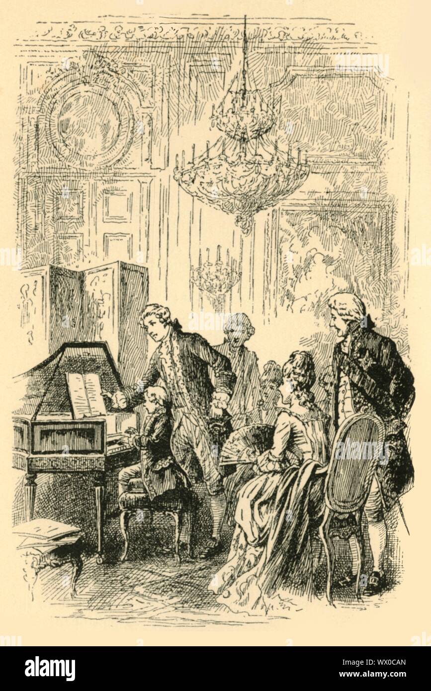 'Played before the Court at Versailles', (1907). The seven-year-old Mozart and his family are guests at the French court during Christmas and New Year 1763-1764: 'They stayed five months in Paris, played before the Court at Versailles, and excited astonishment and enthusiasm both there and wherever else they performed. The mother accompanied them on this long expedition, and on New Year's Day the family were conducted to the royal supper-room, where the Queen drew Wolfgang to her side, fed him with sweetmeats, and conversed with him in German.' An episode from the life of Austrian composer Wol Stock Photo
