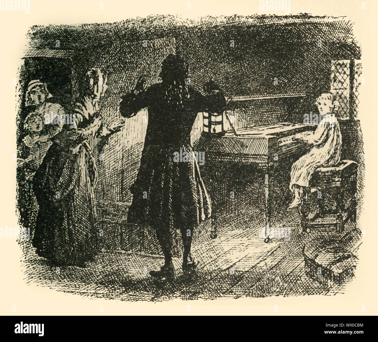'Beckoned silently to the rest to follow him', (1907). The young Handel is discovered playing the spinet in an attic at night: '....faint musical sounds proceeding from behind the closed door...the master softly lifted the latch, and, having peeped into the room, beckoned silently to the rest to follow him...For there, seated before the spinet, was the white-robed figure of the child, his face half turned towards them, and his eyes, as they caught the light of the lantern, revealing the dreamy, rapt expression of one who is lost to every earthly surrounding.' An episode from the life of German Stock Photo