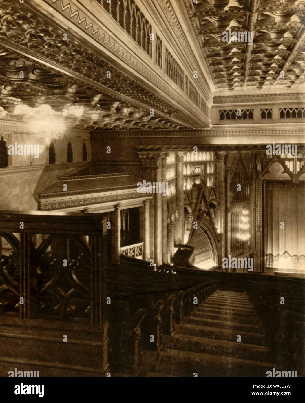 The Granada cinema, Tooting, London, 1931, (1933). The Granada, Tooting: 'modelled on the Spanish-Moorish architecture of the city from which it took its name.' Interior of the newly-opened cinema, built in luxurious Art Deco style, which was later granted Grade I Listed status. It is considered by many to be the most spectacular cinema in Britain. From &quot;The Pageant of the Century&quot;. [Odhams Press Ltd, 1933] Stock Photo