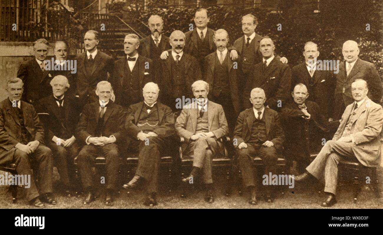 'Britain's First Labour Government', 1924, (1933). Back row: Sidney Webb, John Wheatley, FW Jowett; middle row: CP Trevelyan, Stephen Walsh, Lord Thomson, Lord Chelmsford, Lord Olivier, Noel Buxton, Josiah Wedgwood, Vernon Hartshorn, Tom Shaw: front row: William Adamson, Lord Parmoor, Philip Snowden, Lord Haldane, Prime Minister James Ramsay MacDonald, Lord Privy Seal JR Clynes, Secretary of State for the Colonies James Henry Thomas, Home Secretary Arthur Henderson. From &quot;The Pageant of the Century&quot;. [Odhams Press Ltd, 1933] Stock Photo