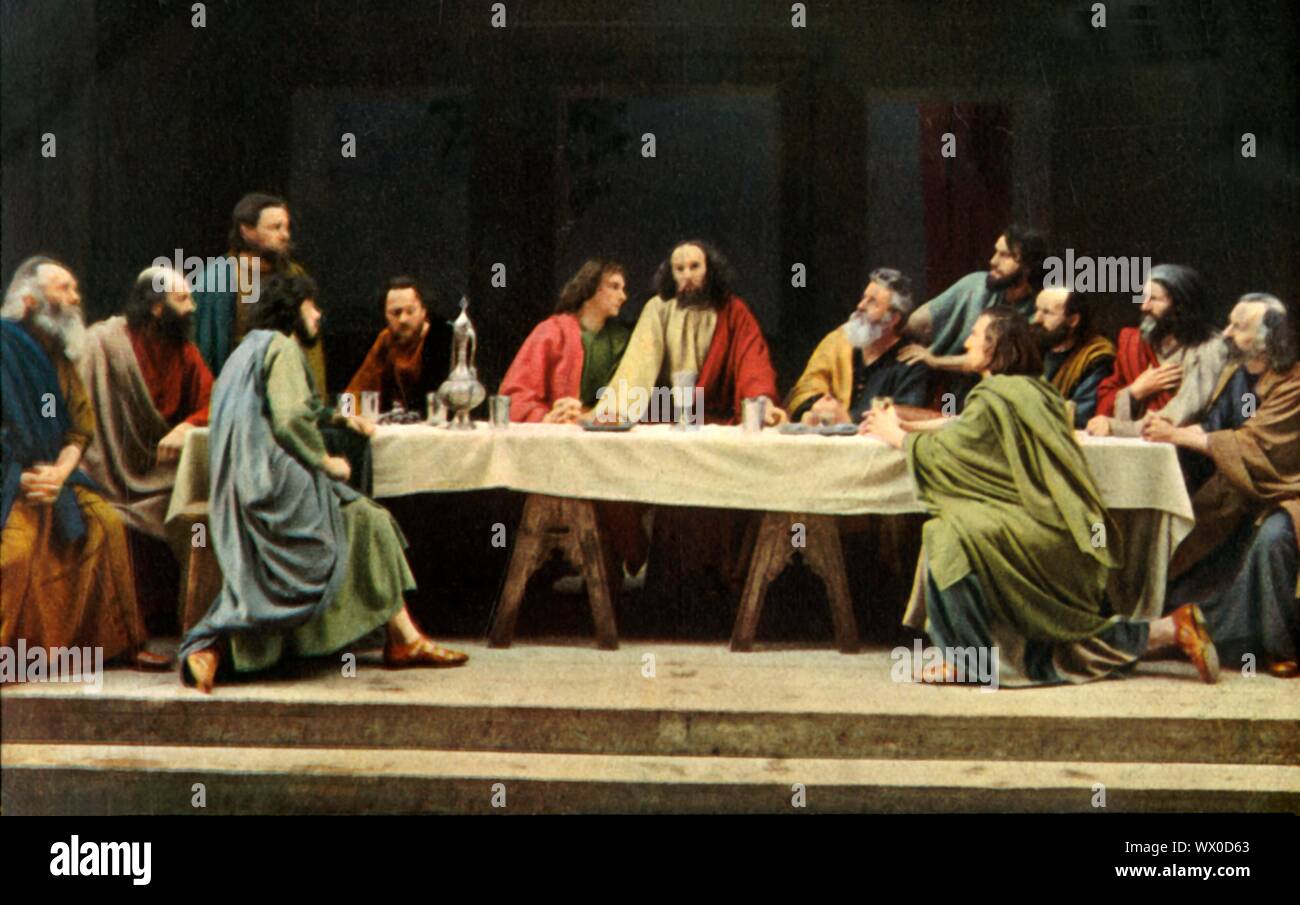 The Last Supper, 1922. Jesus predicts that one of his Apostles present at the meal will betray him, despite their assertions to the contrary. Melchior Breitsamter as St John, Anton Lang as Jesus, Andreas Lang as St Peter: players in the Oberammergau Passion Play which is performed every 10 years, on open-air stages, by the inhabitants of the village of Oberammergau in Bavaria, Germany. First staged in 1634, the play tells the story of Jesus' passion, culminating in his crucifixion. The event has become a tourist attraction, with audiences coming from all over the world. Official postcard of th Stock Photo