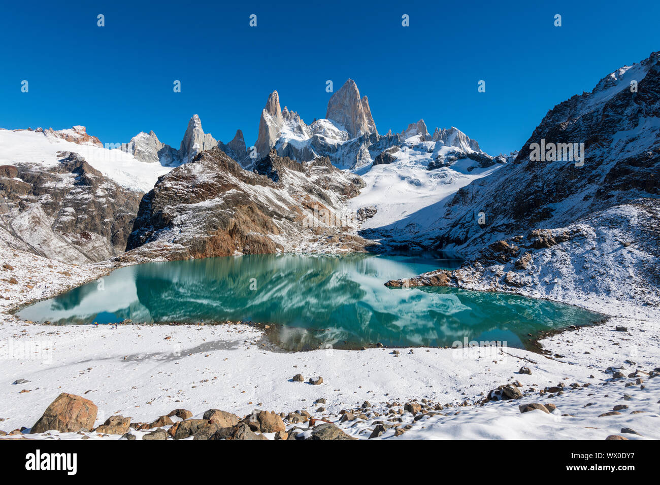 Mount Fitz Roy with covering of snow, Lago de los Tres (Laguna de los Tres), El Chalten, Los Glaciares National Park, UNESCO, Patagonia, Argentina Stock Photo