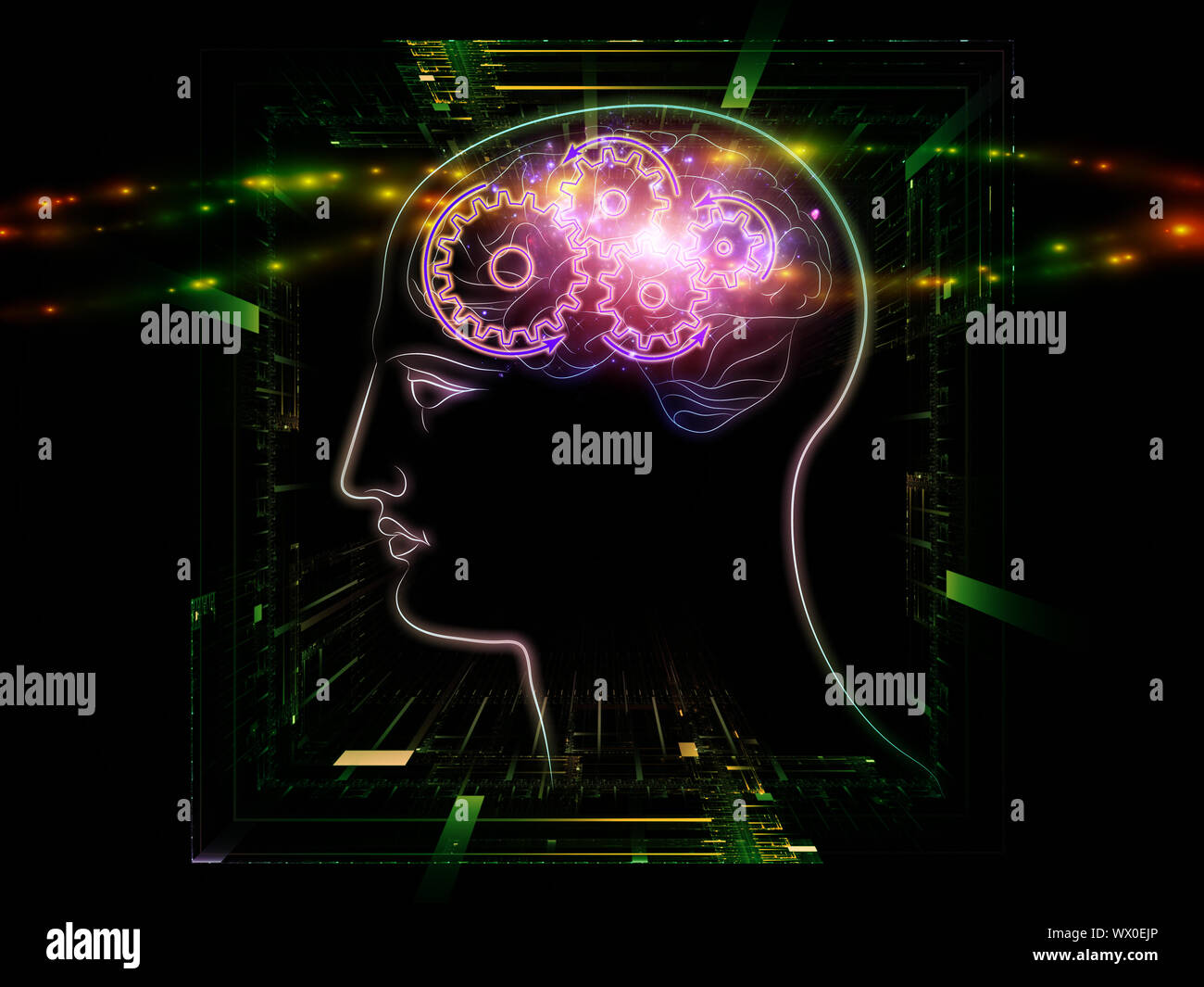 Background design of head outlines, lights and abstract design elements ...