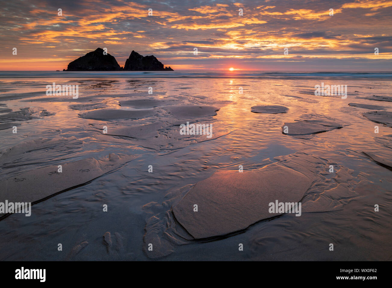 Sunset over Holywell Bay on the North Cornish coast, Cornwall, England, United Kingdom, Europe Stock Photo