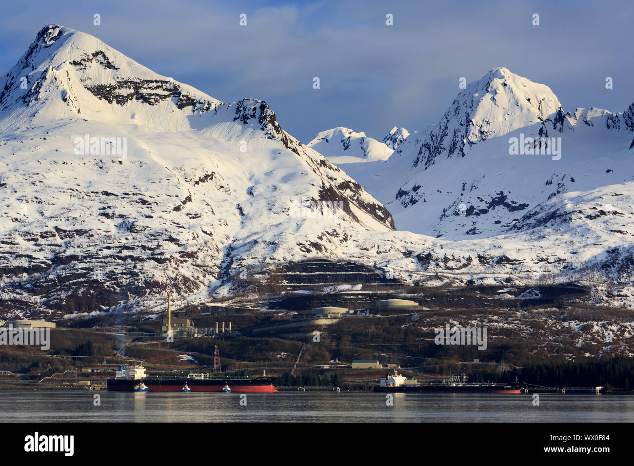 Oil Terminal, Valdez, Prince William Sound, Alaska, United States of America, North America Stock Photo