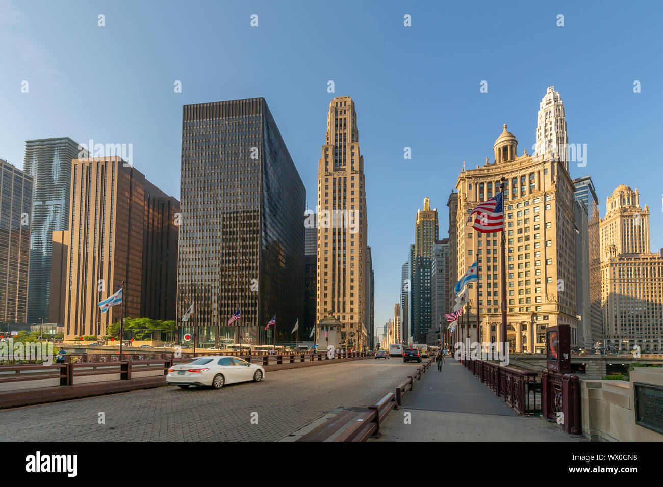 Early morning view of skyscrapers and traffic on DuSable Bridge, Chicago, Illinois, United States of America, North America Stock Photo