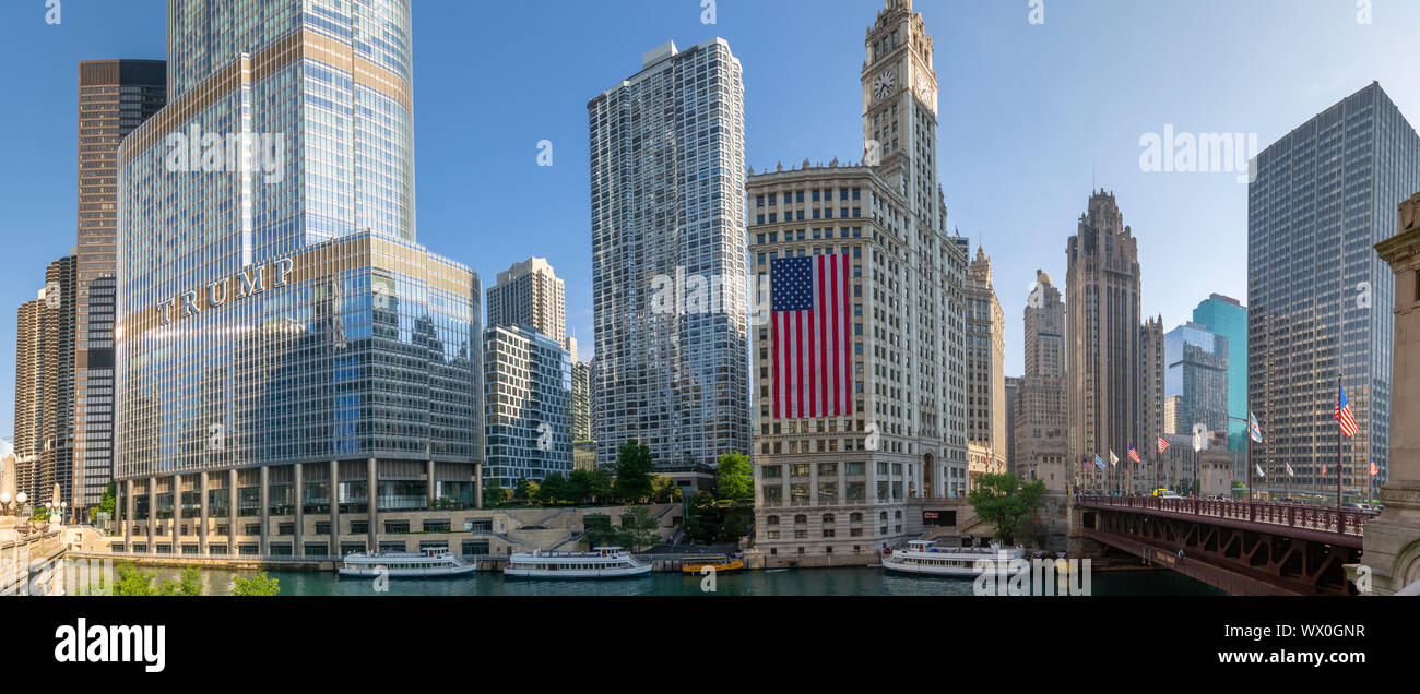 View of The Wrigley Building, Chicago River and watertaxi from DuSable Bridge, Chicago, Illinois, United States of America, North America Stock Photo