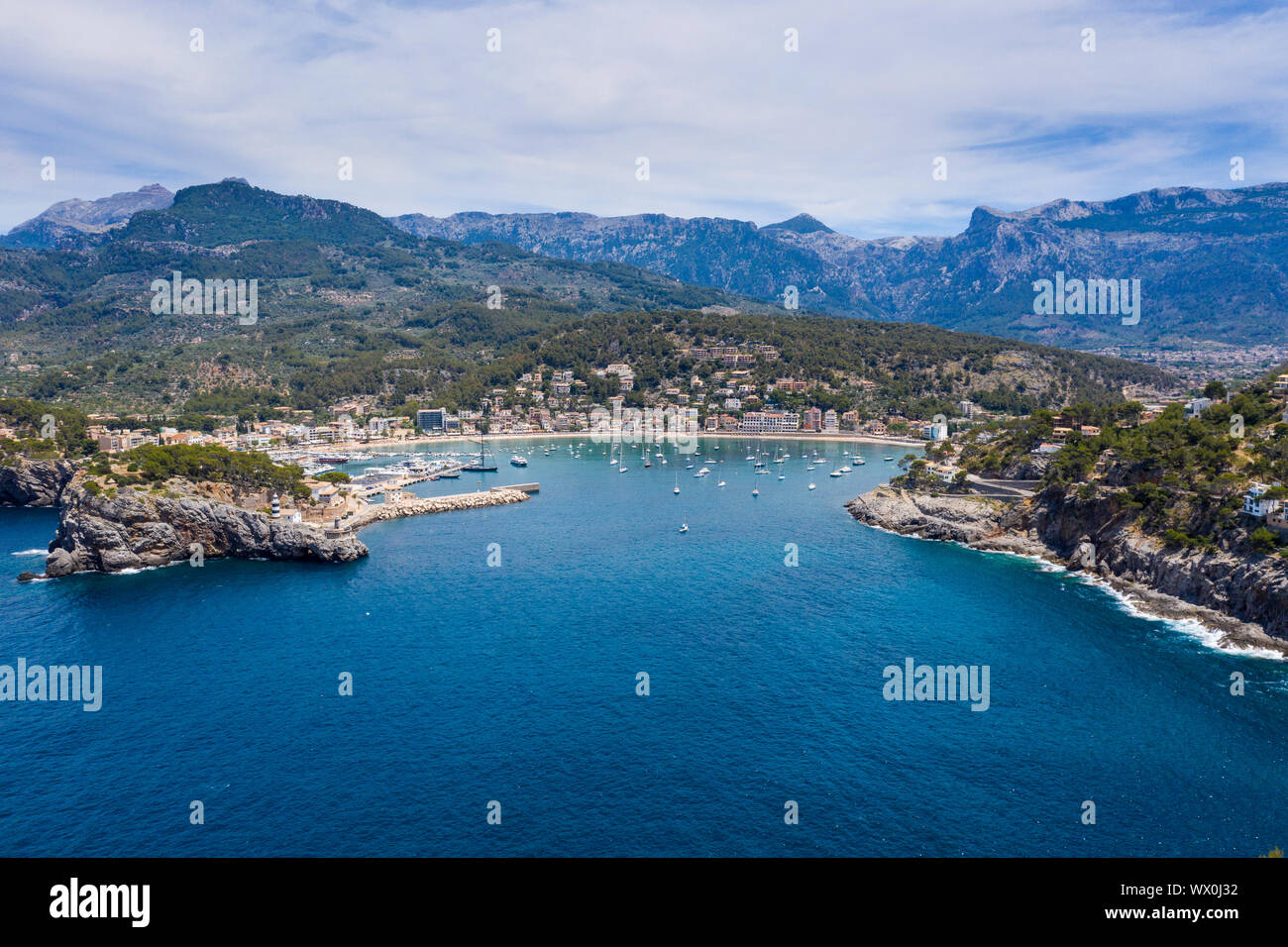 Aerial by drone of Port de Soller, Mallorca, Balearic Islands, Spain, Mediterranean, Europe Stock Photo