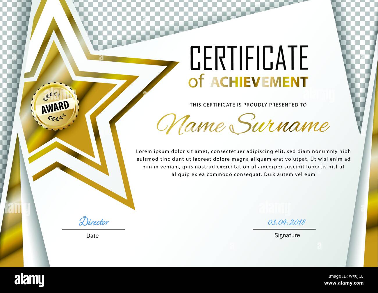 Official certificate with gold, transparent design elements and gold