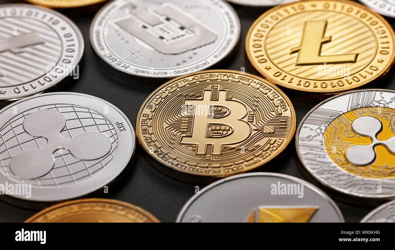 Set of a coin of crypto currency on a dark background. Business, finance  and technology concept Stock Photo - Alamy