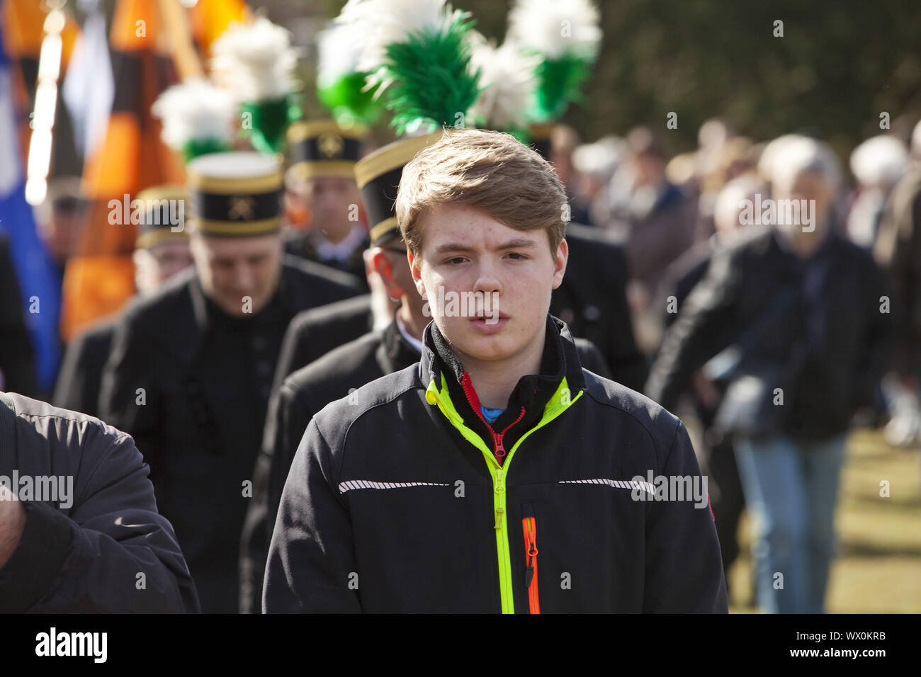 Young miner at the celebration of the Way of the Cross on the Halde Haniel, Bottrop, Germany, Europe Stock Photo