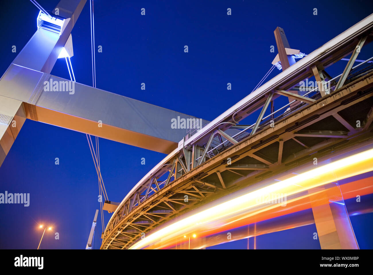 lighting tracks of suspension railways at Alter Markt, Barmen, Wuppertal, Germany, Europe Stock Photo