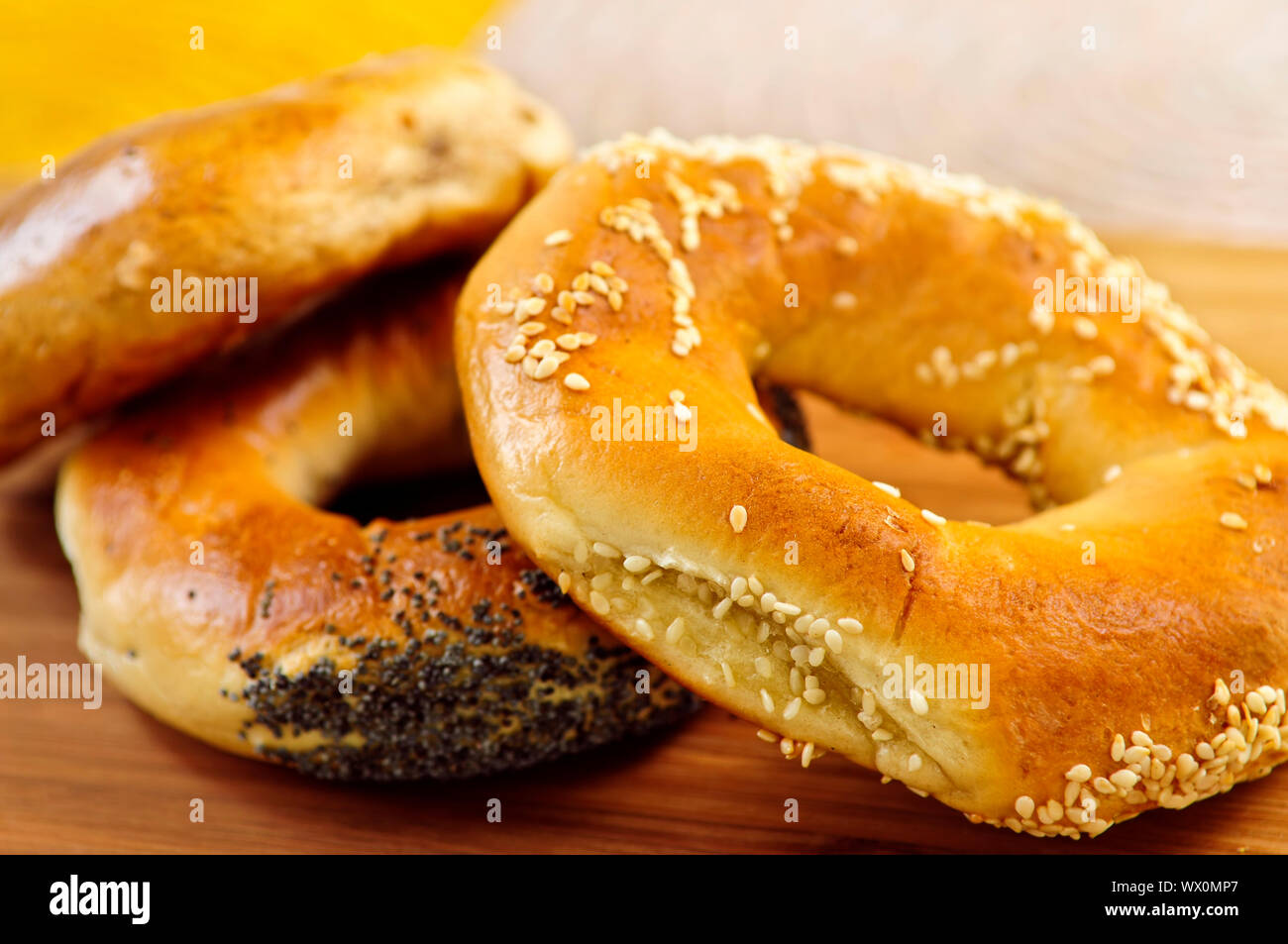 Fresh assorted Montreal style bagels close up Stock Photo