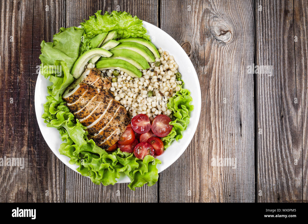 healthy food. grilled steak, avocado, cereal, healthy lifestyle, copy space, top view, rustic style. Stock Photo