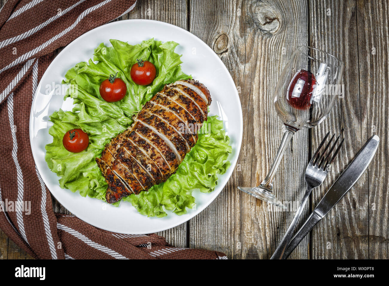 dinner table. grilled steak, red wine, wooden table, copy space, top view, rustic style. Stock Photo