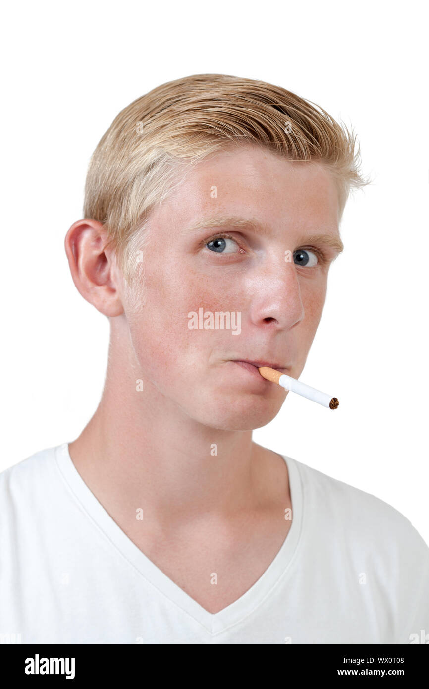 blond tobacco cigarettes young blond man with cigarette in mouth, isolated over white background  Stock Photo