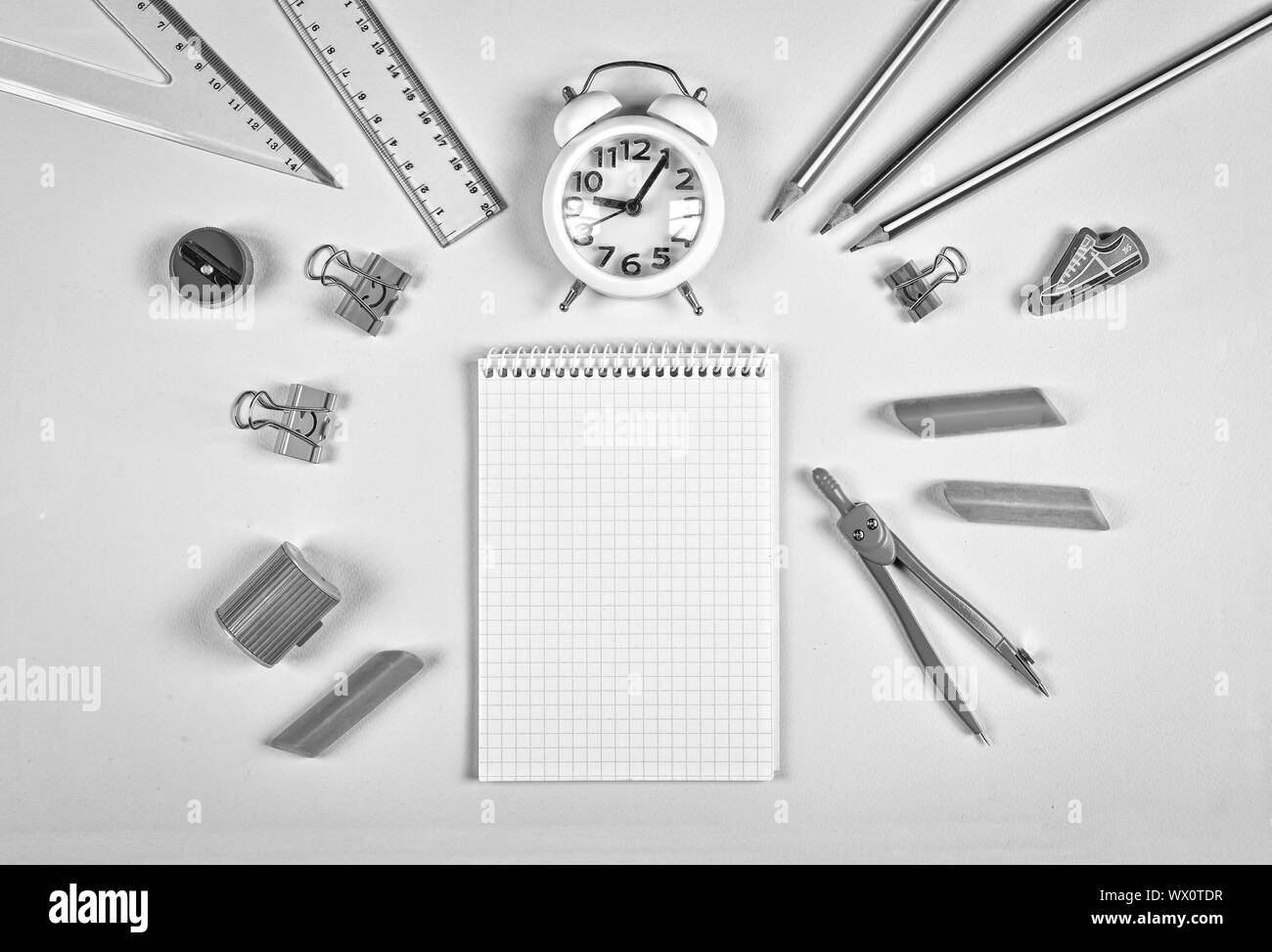 black and white. back to school concept. accessories, college, equipment, study, background, desk, c Stock Photo
