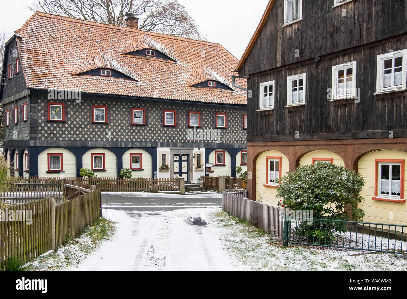historical Upper Lusatian half-timbered houses in Waltersdorf Zittauer Gebirge Stock Photo