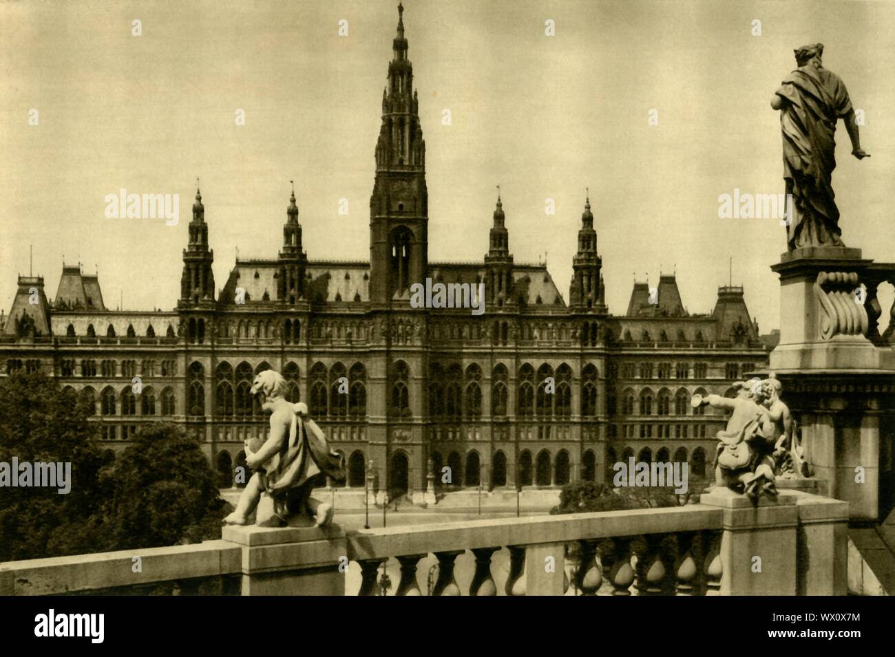 The Town Hall, Vienna, Austria, c1935. The Vienna City Hall (Wiener Rathaus), was designed by Friedrich von Schmidt and built 1872-1883 in Neo-Gothic style. From &quot;&#xd6;sterreich - Land Und Volk&quot;, (Austria, Land and People). [R. Lechner (Wilhelm M&#xfc;ller), Vienna, c1935] Stock Photo