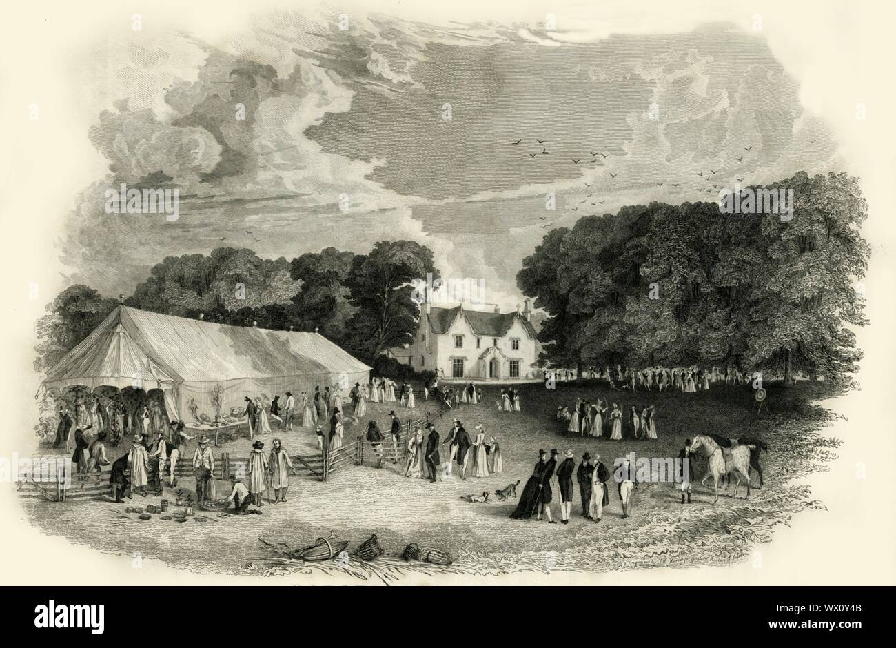 'Beechlands, Newick', 1835. Village fair in the grounds of Grade II listed Beechlands House in Newick, Sussex, England. Engraving by John Henry Hurdis. From &quot;The History, Antiquities, and Topography of the County of Sussex, Volume the First&quot;, by Thomas Walker Horsfield, F.S.A. [Baxter, Sussex Press, Lewes; Messrs. Nichols and Son, London, (1835)] Stock Photo