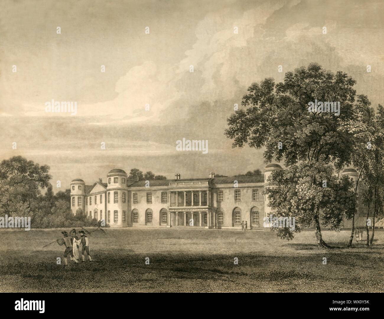 'Goodwood', 1835. Goodwood House, Grade I listed country house in Westhampnett, West Sussex  built c1600 and home to the Duke of Richmond. From &quot;The History, Antiquities, and Topography of the County of Sussex, Volume the Second&quot;, by Thomas Walker Horsfield, F.S.A. [Baxter, Sussex Press, Lewes; Messrs. Nichols and Son, London, (1835)] Stock Photo